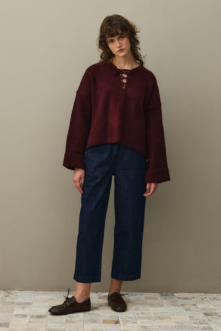 Bağcık Detaylı Kazak Bordo