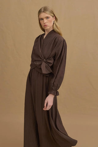 Bağlamalı Dokulu Bluz Kahverengi - Fahhar Design