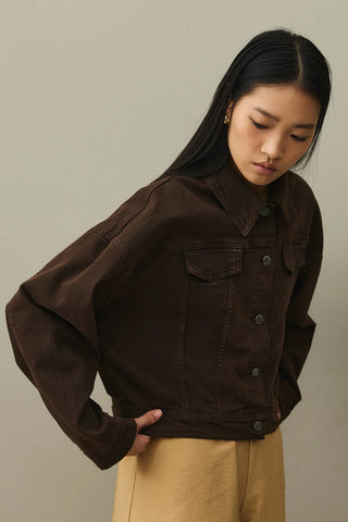 Oversize Kısa Denim Ceket Kahverengi