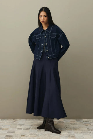 Oversize Kısa Denim Ceket Koyu Mavi