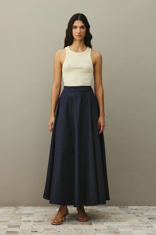 Denim Skirt with Split Cut in Navy Blue