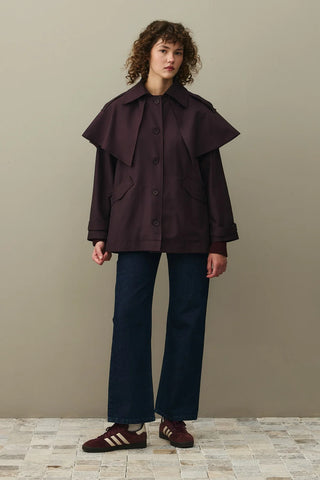 Cape Detailed Trench Coat Bitter Burgundy