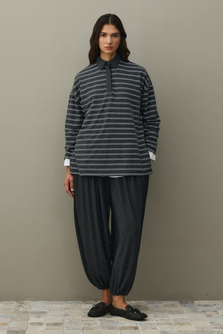 Polo Yaka Çizgili Tişört Antrasit