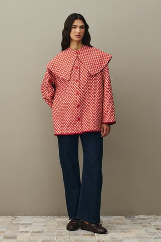 Seyyar Yakalı Desenli Kapitone Ceket Kırmızı