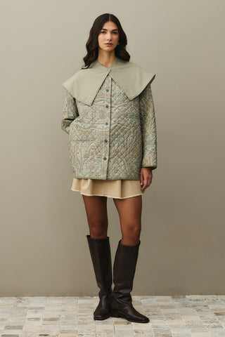Seyyar Yakalı Desenli Kapitone Ceket Yeşil