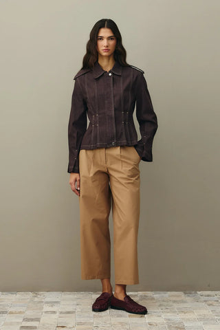 Vücuda Oturan Denim Ceket Kahverengi