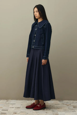 Yuvarlak Yakalı Denim Ceket Koyu Mavi