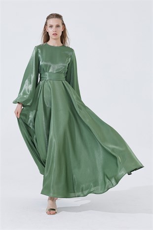 Kabarık Kollu Elbise Yağ Yeşili