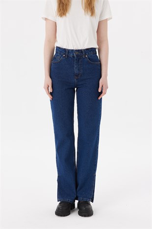 Yırtmaçlı Yüksek Bel Bootcut Jeans Koyu Mavi
