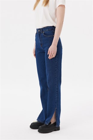 Yırtmaçlı Yüksek Bel Bootcut Jeans Koyu Mavi
