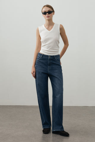80's Straight Denim Pantolon Koyu Mavi