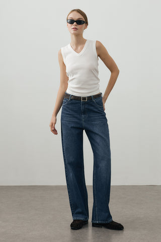 80's Straight Denim Pantolon Koyu Mavi
