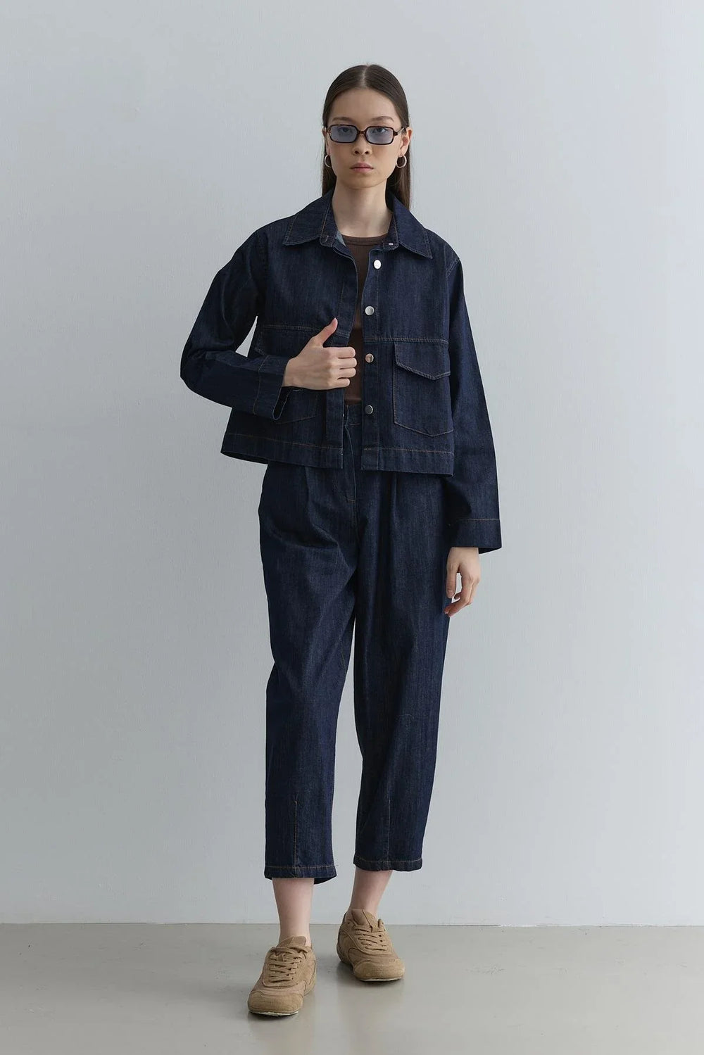 A Pleated Denim Jacket Navy Blue
