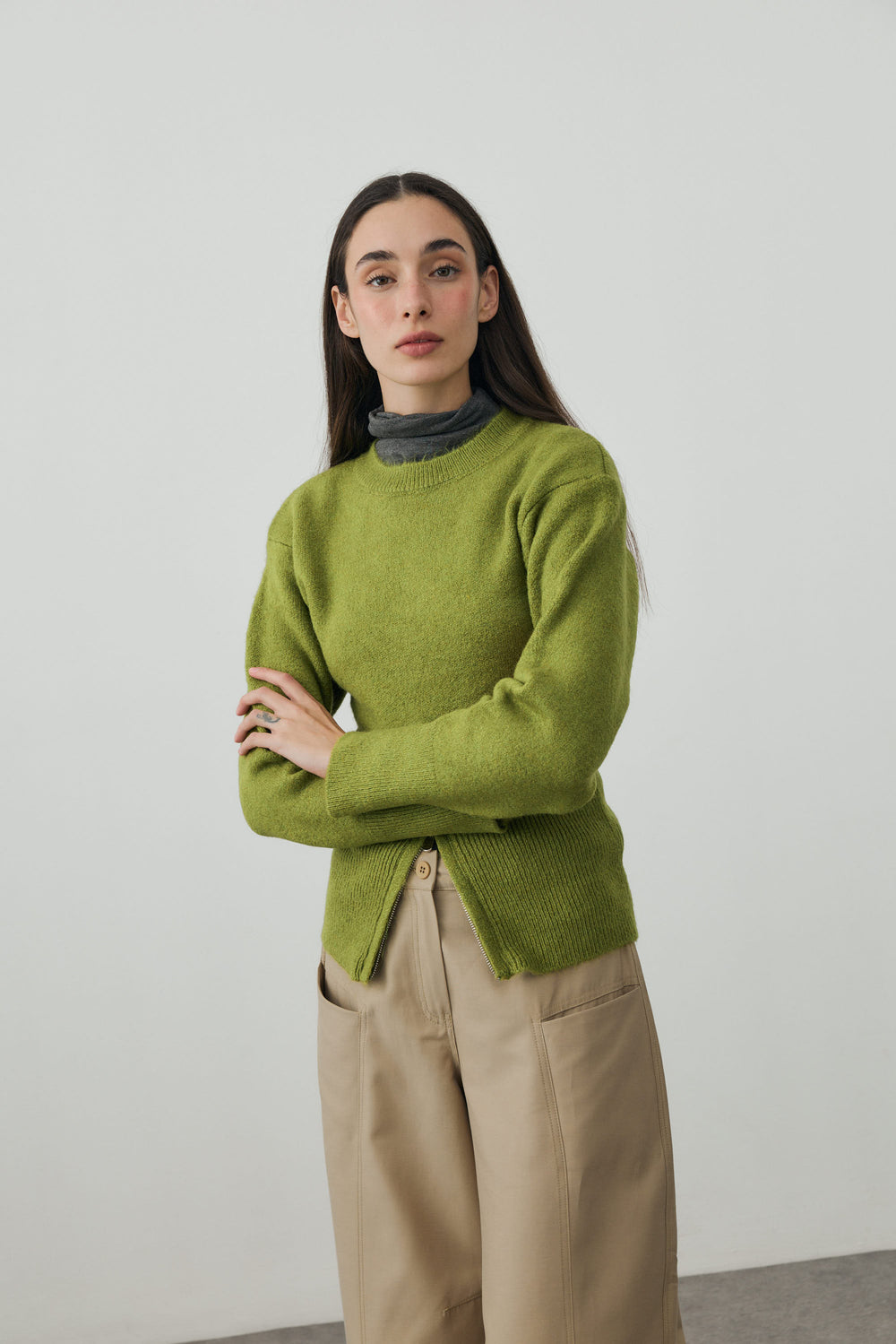 Alttan Fermuarlı Kazak Yağ Yeşili