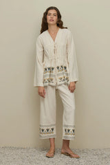 Antik Lotus Çiçeği Nakışlı Takım Naturel