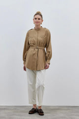 Apoletli Kadın Gömlek Camel