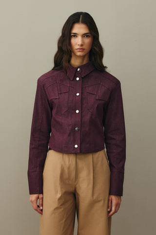 Asymmetrical Stitched Denim Jacket Burgundy