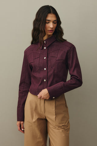 Asymmetrical Stitched Denim Jacket Burgundy