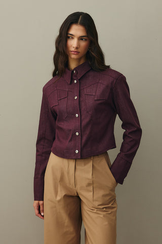 Asymmetrical Stitched Denim Jacket Burgundy