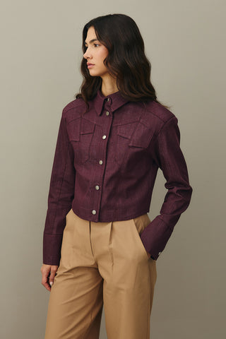 Asymmetrical Stitched Denim Jacket Burgundy