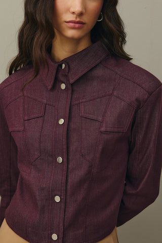 Asymmetrical Stitched Denim Jacket Burgundy
