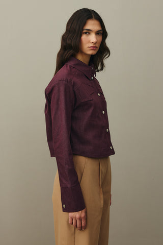 Asymmetrical Stitched Denim Jacket Burgundy