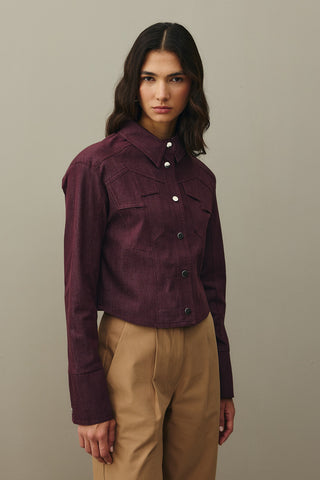 Asymmetrical Stitched Denim Jacket Burgundy