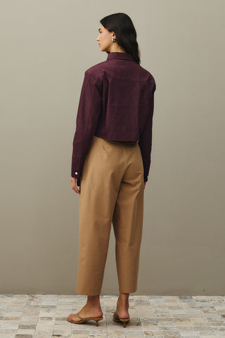 Asymmetrical Stitched Denim Jacket Burgundy