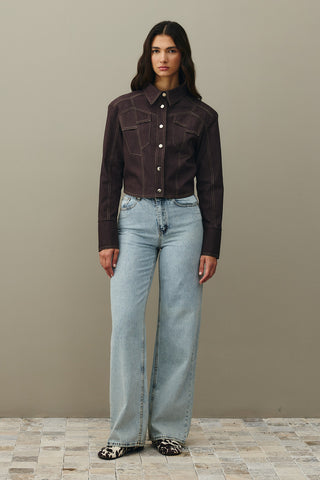 Asymmetrical Stitched Denim Jacket Brown