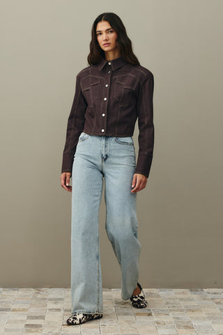 Asymmetrical Stitched Denim Jacket Brown