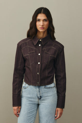 Asymmetrical Stitched Denim Jacket Brown
