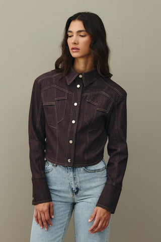 Asymmetrical Stitched Denim Jacket Brown