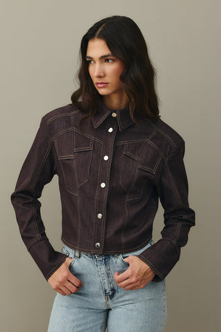 Asymmetrical Stitched Denim Jacket Brown