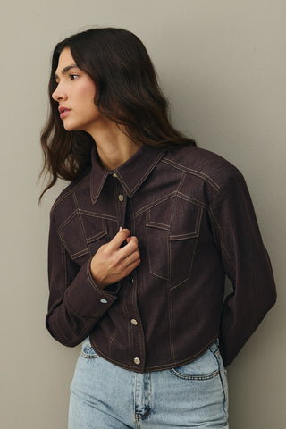 Asymmetrical Stitched Denim Jacket Brown