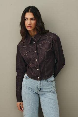 Asymmetrical Stitched Denim Jacket Brown