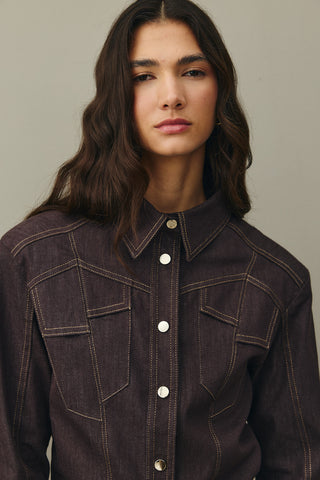 Asymmetrical Stitched Denim Jacket Brown
