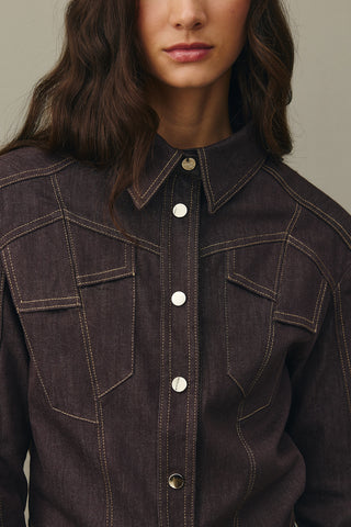 Asymmetrical Stitched Denim Jacket Brown