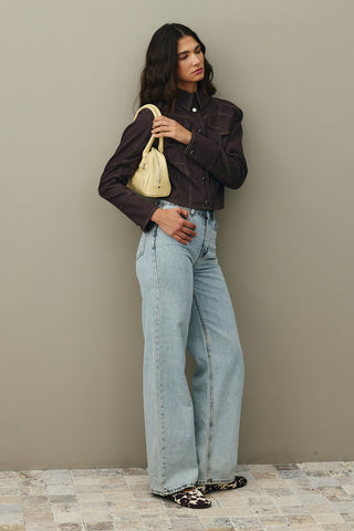 Asymmetrical Stitched Denim Jacket Brown