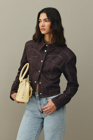 Asymmetrical Stitched Denim Jacket Brown