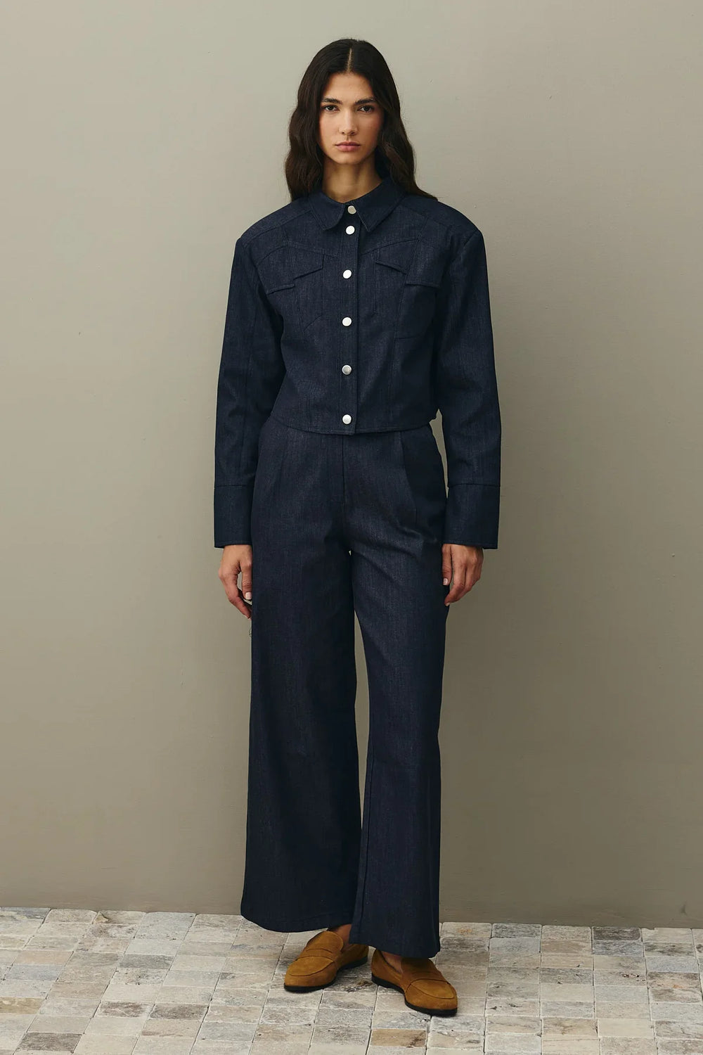 Asymmetrical Stitched Denim Jacket Navy Blue
