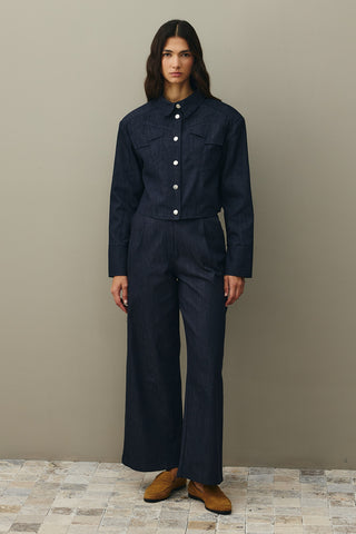 Asymmetrical Stitched Denim Jacket Navy Blue