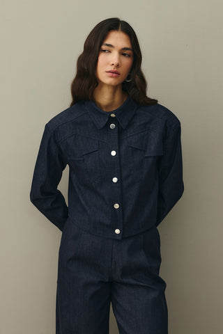 Asymmetrical Stitched Denim Jacket Navy Blue