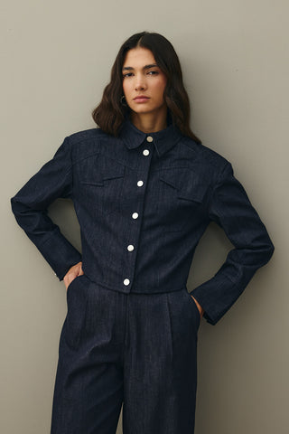 Asymmetrical Stitched Denim Jacket Navy Blue