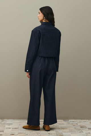 Asymmetrical Stitched Denim Jacket Navy Blue