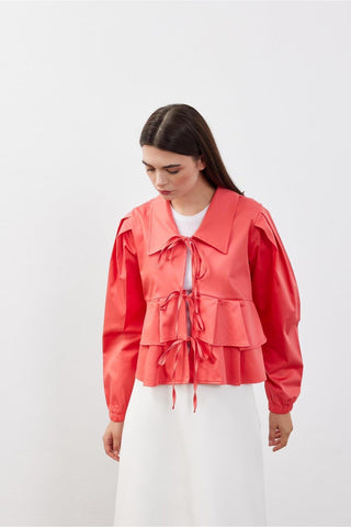 Bağcık Detaylı Kadın Kimono Ceket Nar Çiçeği Kırmızı