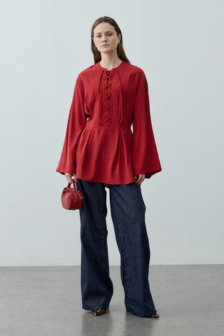 Bağcık Detaylı Üst Kırmızı