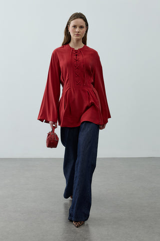 Bağcık Detaylı Üst Kırmızı