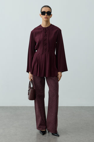 Bağcık Detaylı Üst Mürdüm