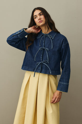 Bağcıklı Denim Ceket Koyu Mavi