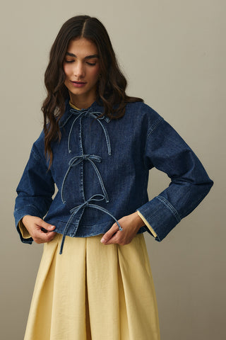 Bağcıklı Denim Ceket Koyu Mavi